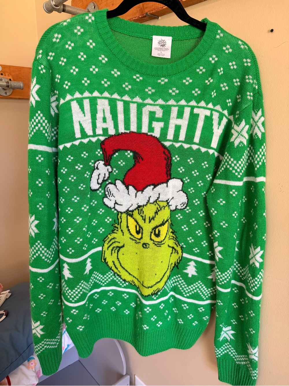 Dr. Seuss Green Grinch 'NAUGHTY' Graphic Crewneck Sweater with Red Hat